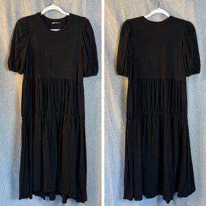 Zara Maxi Dress Women's M Black Tiered Boho Short Sleeve Flowy‎ Feminine (1109)